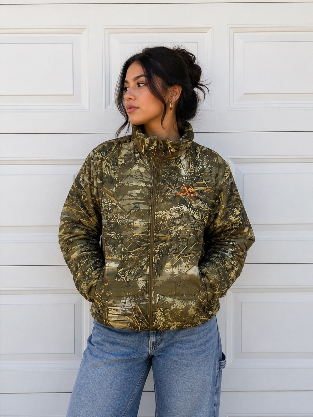 Realtree Camo Jacket in Brown and Olive with Orange Logo